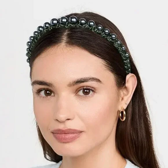Lele Sadoughi Graduated Pearl Headband in Green Velvet Tahitian Faux Pearl NWT lele-sadoughi-headbands-one-  main image 3